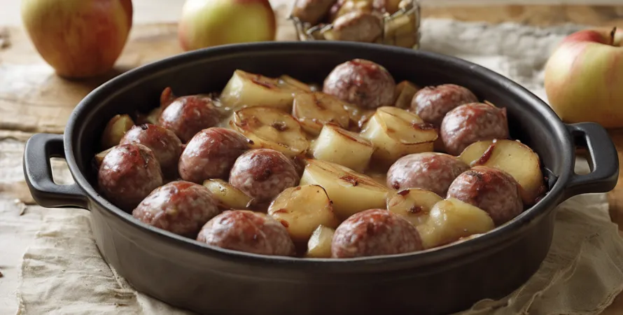 Saucisses braisées aux pommes et oignons