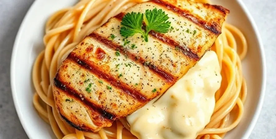 Pâtes complètes au poulet et sauce fromagère