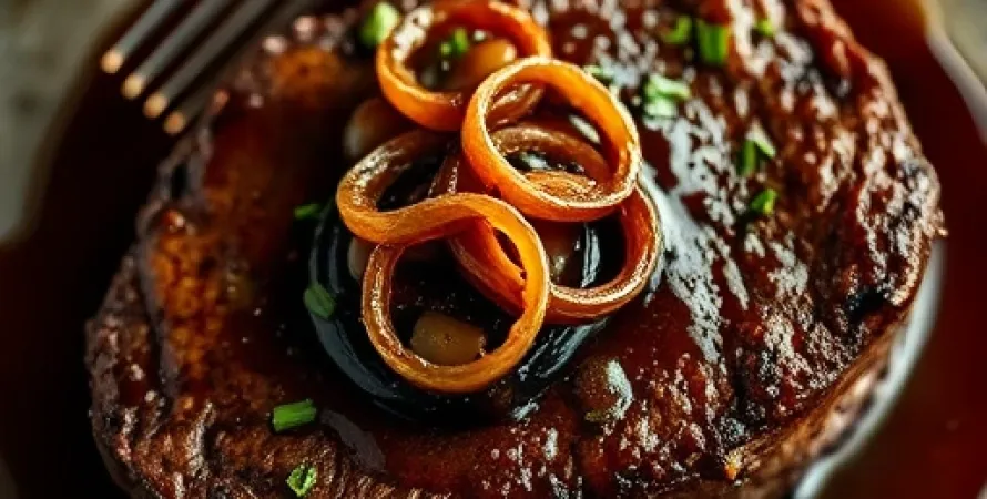 Entrecôte à la sauce échalote et oignons confits au vinaigre balsamique