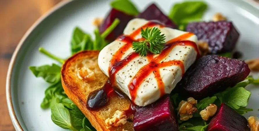 Salade tiède de betteraves au balsamique et chèvre toasté aux noix