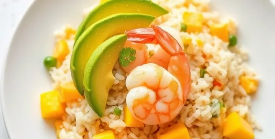 Salade de riz aux crevettes et fruits tropicaux