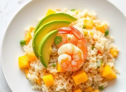 Salade de riz aux crevettes et fruits tropicaux