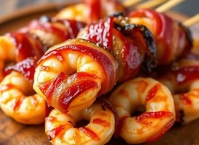Brochettes de crevettes enroulées de bacon teriyaki