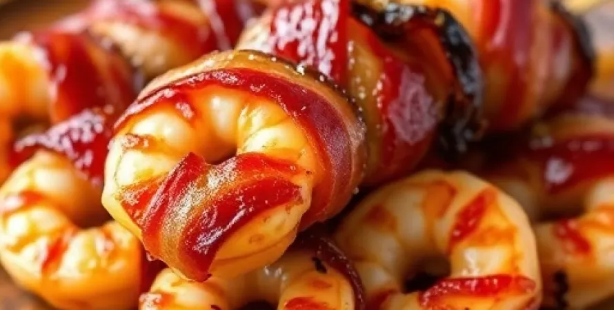 Brochettes de crevettes enroulées de bacon teriyaki