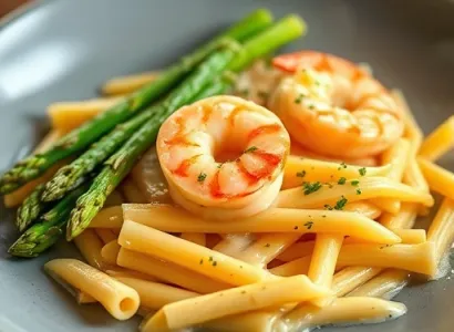 Penne aux asperges et crevettes