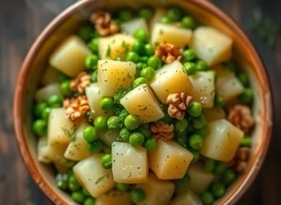 Salade tiède de pommes de terre nouvelles aux petits pois et noix