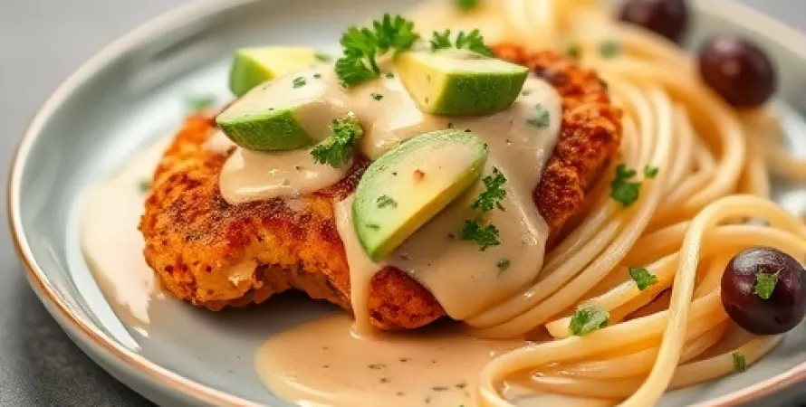 Poulet farci au fromage et avocat avec sauce chipotle
