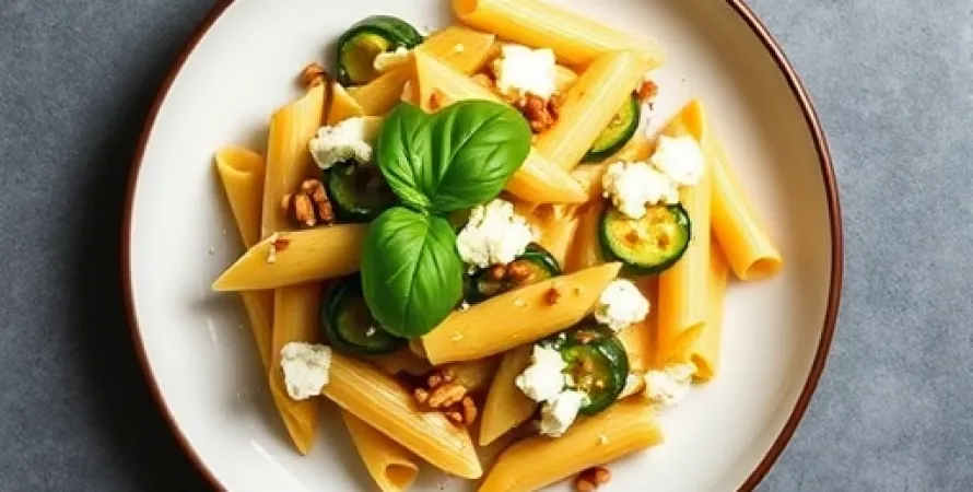 Penne aux courgettes, fromage de chèvre et pignons