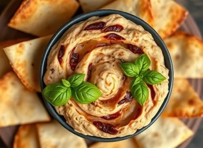 Triangles de pita et dip à la tomate séchée et basilic