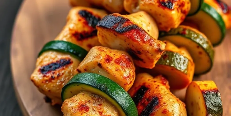 Brochettes de poulet et courgette marinées