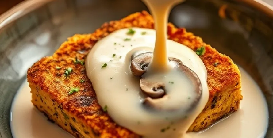 Tofu pané aux herbes avec sa sauce aux champignons