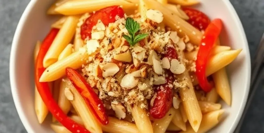 Pennes aux poivrons rouges, amandes et chapelure