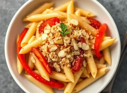 Pennes aux poivrons rouges, amandes et chapelure