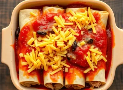 Enchiladas au Poulet, Haricots Noirs et Maïs