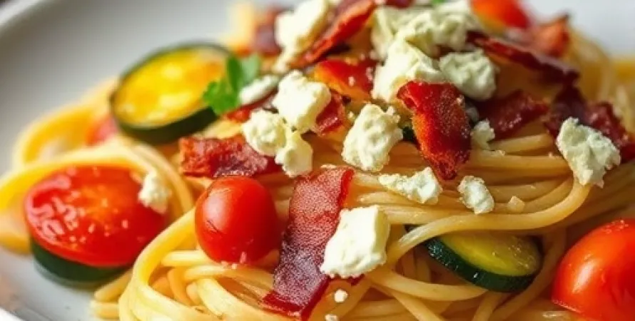 Pâtes aux courgettes, tomates et lardons