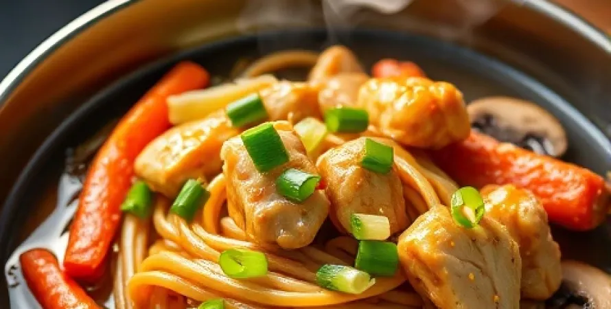 Recette Nouilles sautées au poulet et légumes