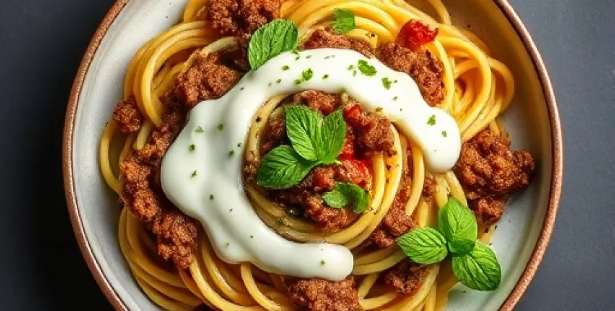 Pâtes au bœuf haché et sauce yaourt