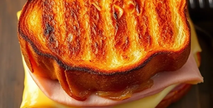 Sandwich grillé au jambon et fromage suisse avec oignons confits