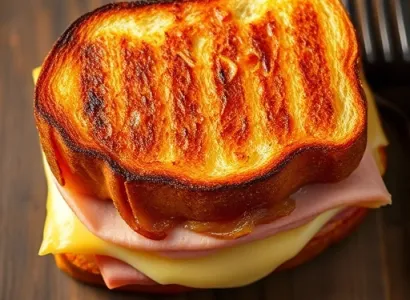 Sandwich grillé au jambon et fromage suisse avec oignons confits