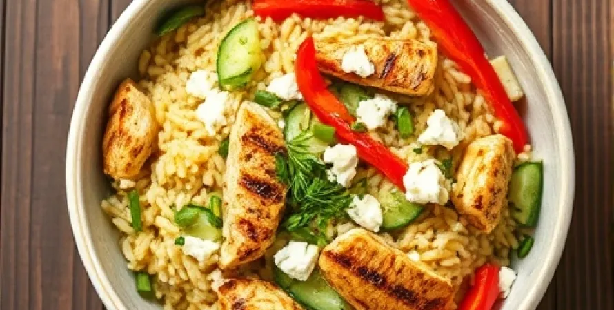 Salade d'orzo au poulet et légumes, vinaigrette citronnée