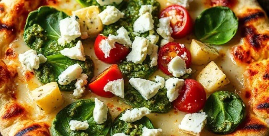 Pizza grillée au pesto et fromages