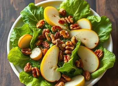 Salade de poires et noisettes à la vinaigrette au gingembre confit