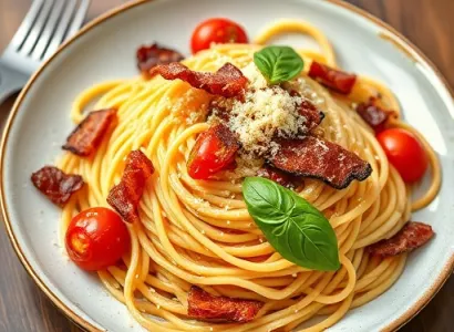 Spaghettis aux lardons et tomates séchées