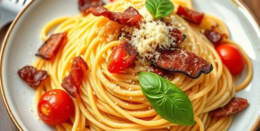 Spaghettis aux lardons et tomates séchées