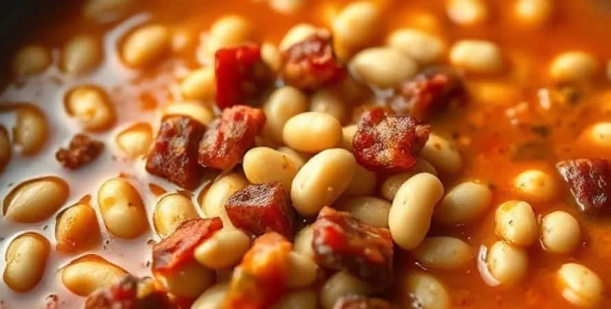 Haricots blancs mijotés au lard et à la tomate