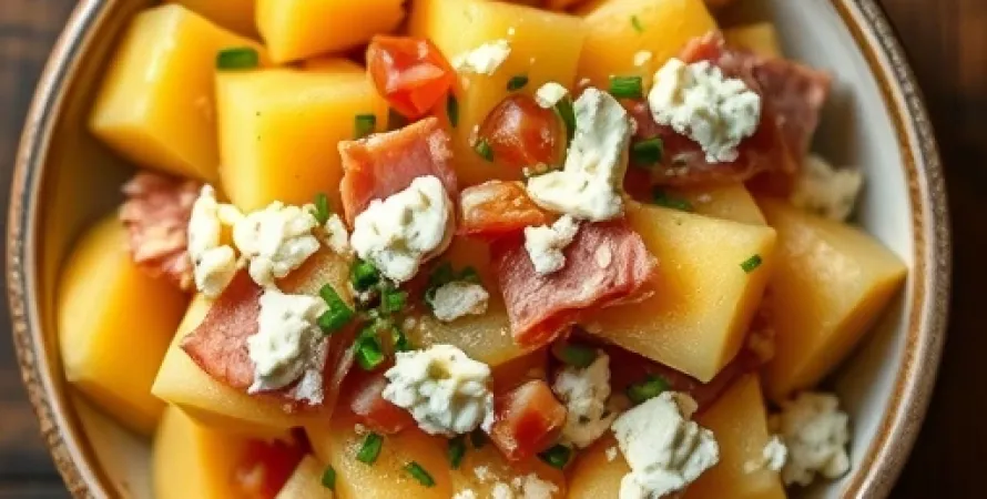 Salade de melon cantaloup au jambon cru et fromage de chèvre
