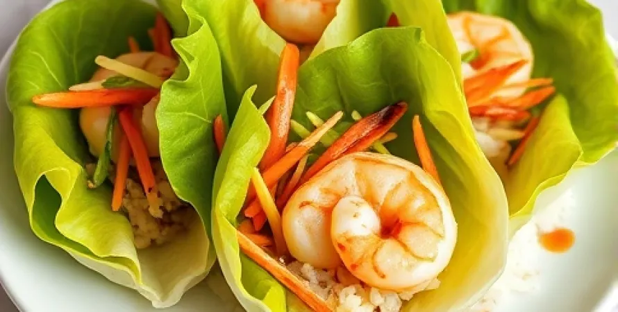 Feuilles de laitue farcies aux crevettes et légumes croquants