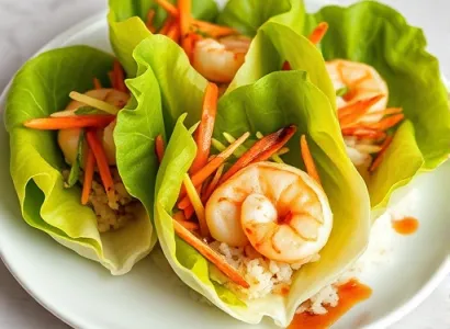 Feuilles de laitue farcies aux crevettes et légumes croquants