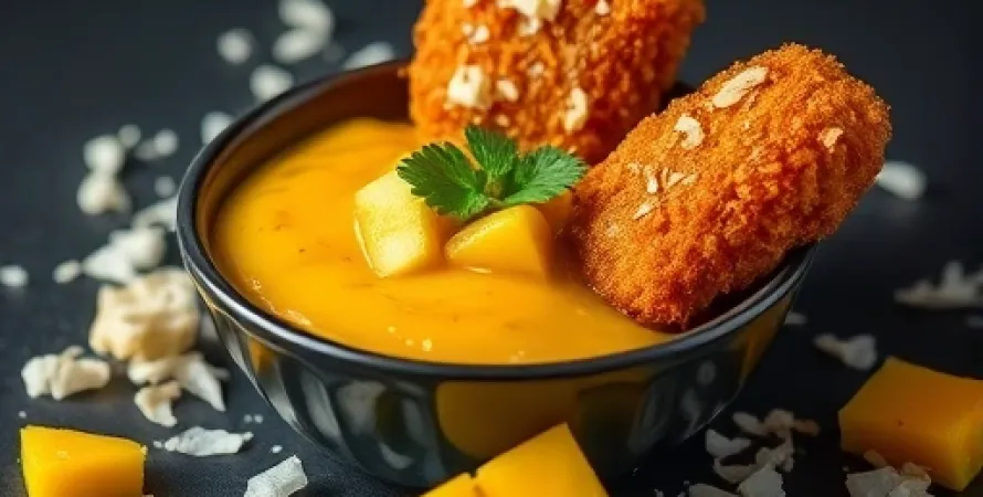 Poulet aux doigts au coco avec chutney de mangue