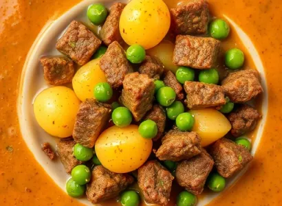 Boeuf au curry avec pommes de terre et petits pois