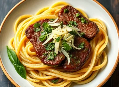 Pâtes au pesto et steak