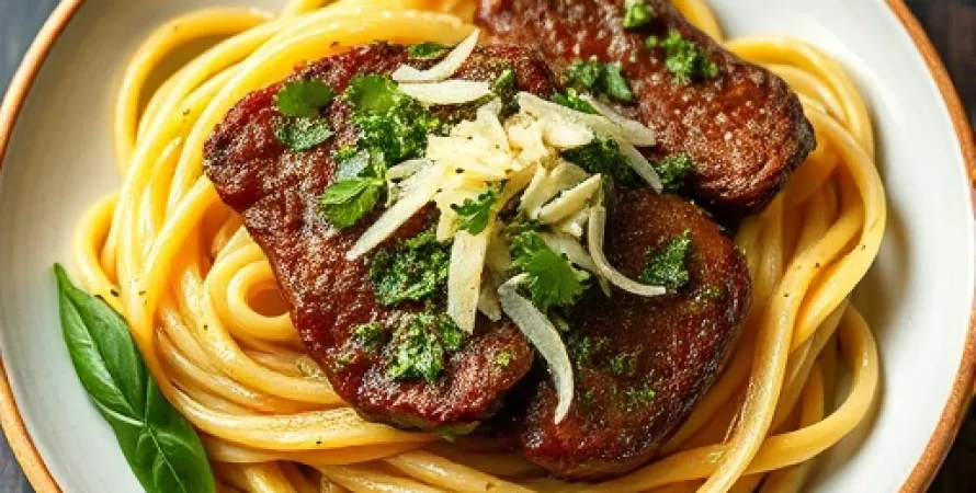 Pâtes au pesto et steak