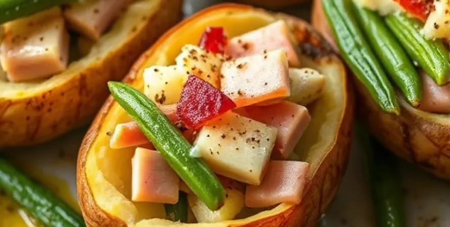 Pommes de terre farcies au jambon, fromage et haricots