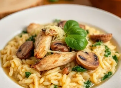 Risotto au poulet, champignons et épinards