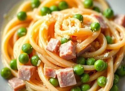 Pâtes crémeuses au jambon et petits pois
