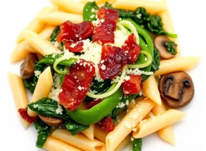 Pennes avec lardons, épinards et champignons