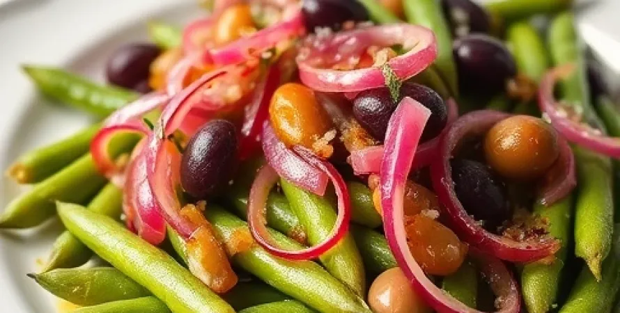 Haricots verts aux oignons rouges et olives