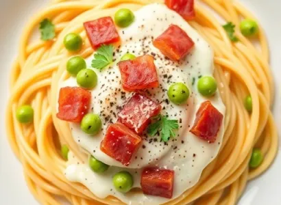 Spaghetti au bacon et pois