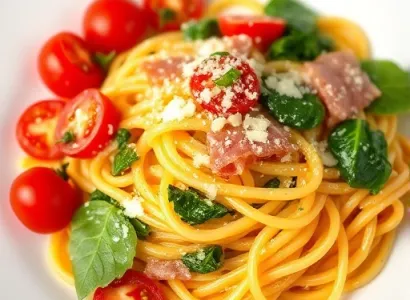 Fusilli aux tomates, épinards et prosciutto