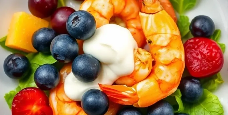 Salade de crevettes au curry avec bleuets et cerises