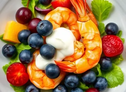 Salade de crevettes au curry avec bleuets et cerises