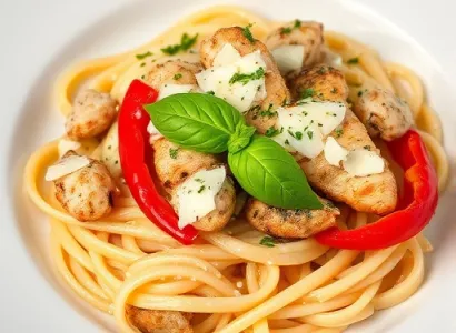 Pâtes crémeuses au basilic et poivron rouge