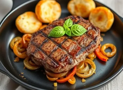 Steak panne au four avec oignons