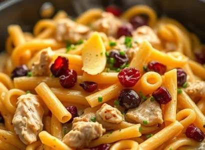 Pâtes crémeuses au poulet, cranberries et pommes