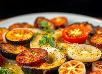 Gratin d'aubergine, oignon et tomate