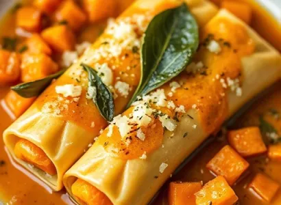 Cannellonis aux courges avec sauce aux échalotes rôties